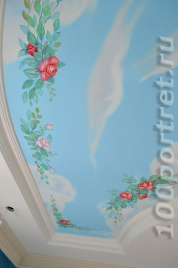 Художественная роспись потолков голуби в небе с цветами