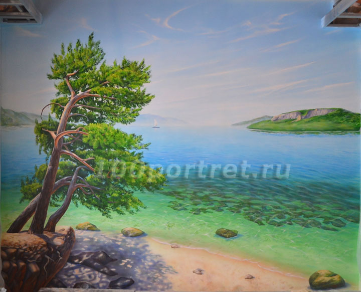 Роспись стены бассейна море с сосной Дубровник Хорватия