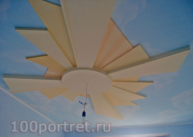 Живопись на потолке в детской. Солнце и облака