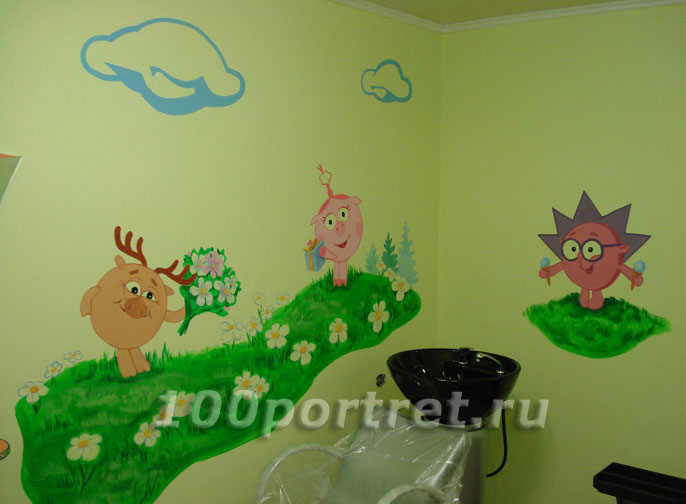 Настенная роспись стен детской парикмахерской - мультгерои: смешарики