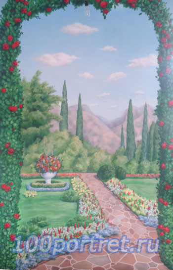 Роспись стены цветущий сад арка из роз плетущаяся роза