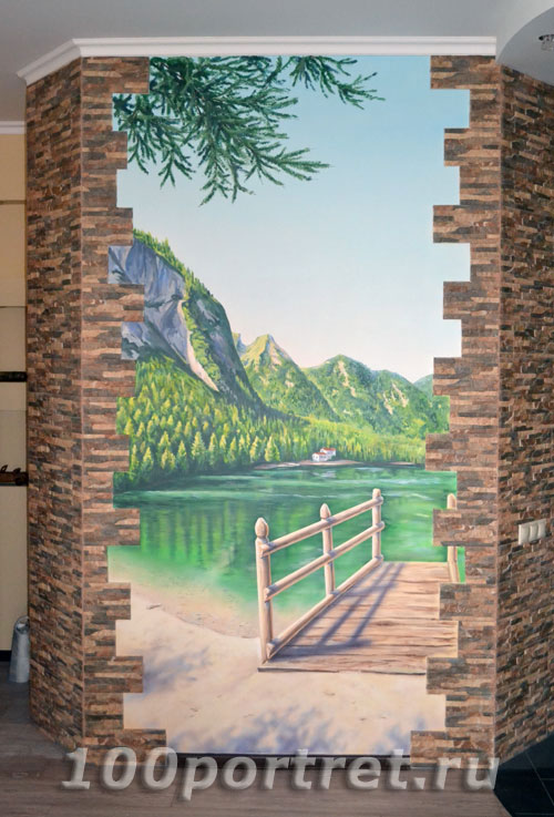 Роспись стен горный пейзаж озеро горы
