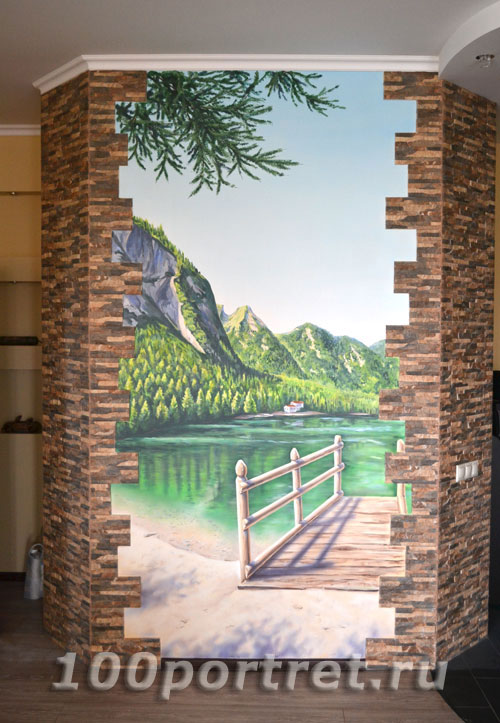 Роспись стен квартиры в Подольске Горный пейзаж с озером и мостиком